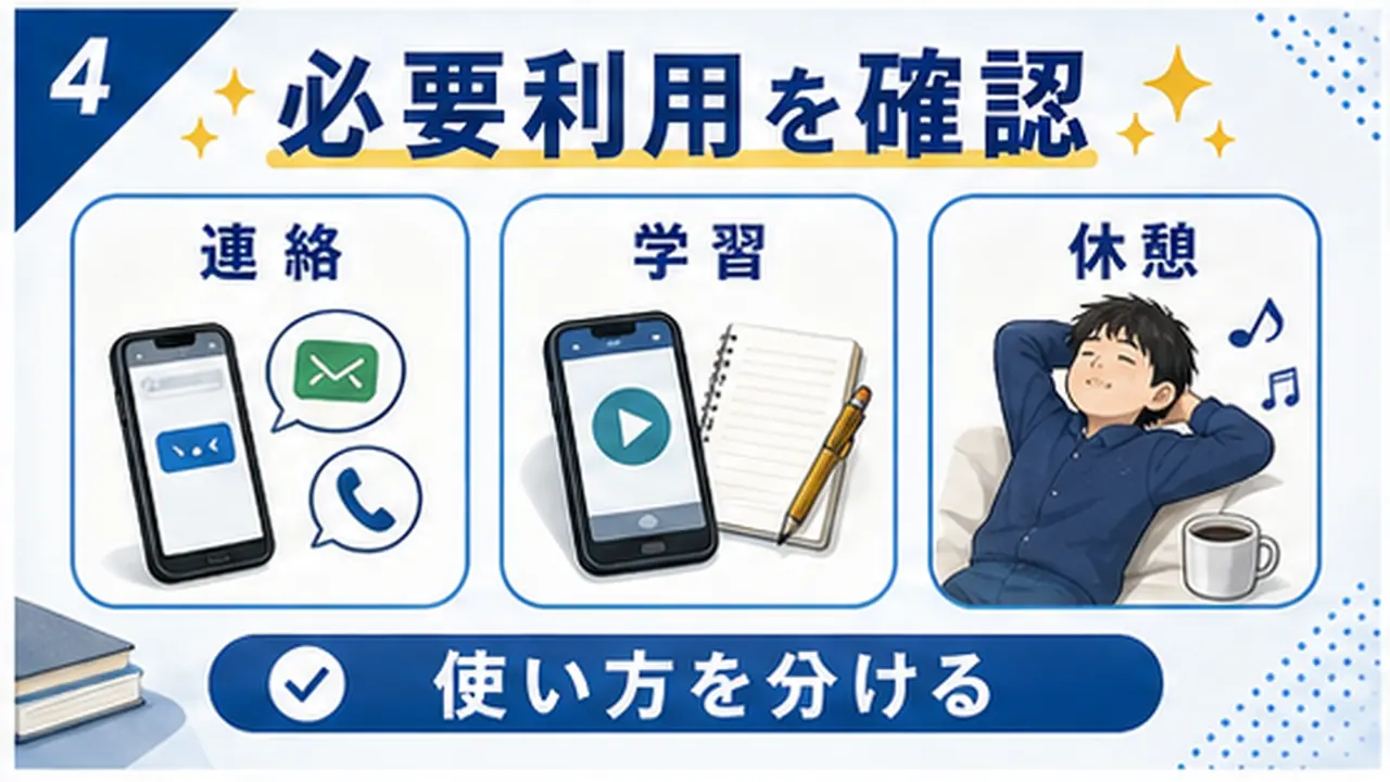 連絡、学習アプリ、家庭の時間帯を確認する図