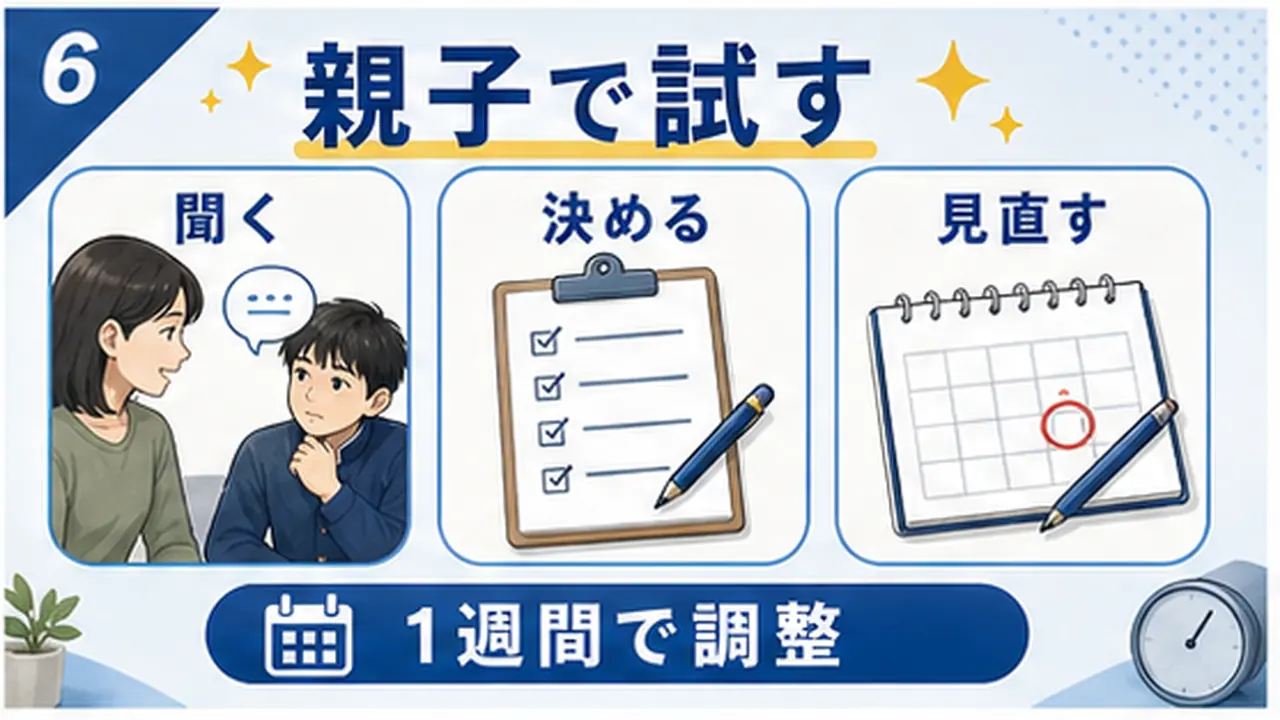 困りごとを聞き、置き場所を決め、1週間試す手順の図