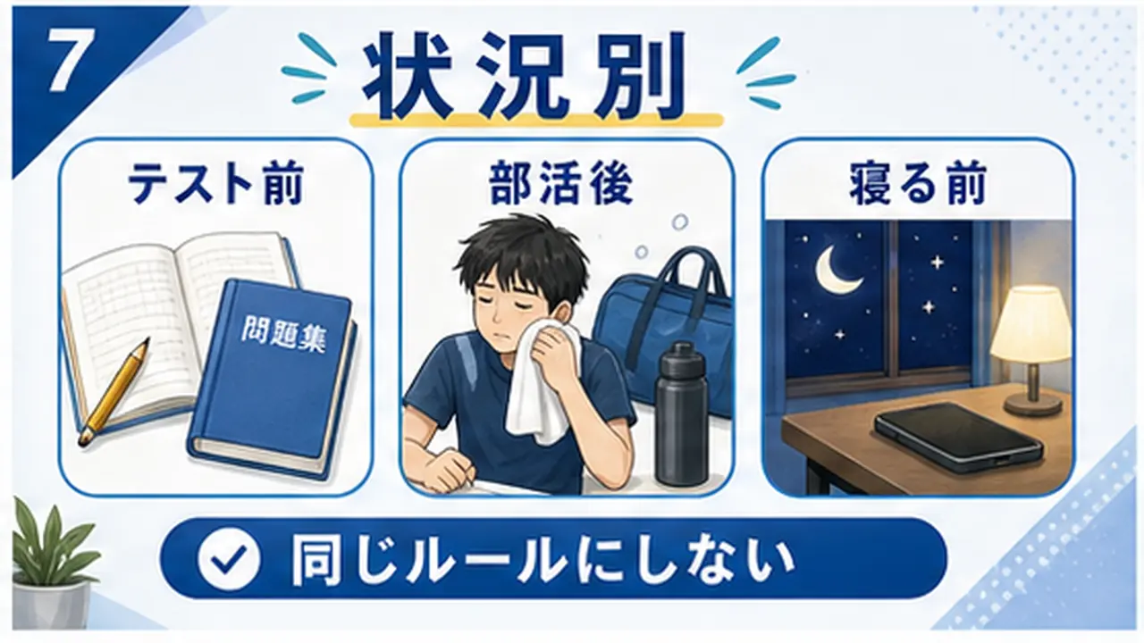 テスト前、部活後、夜更かしの状況別チェック図