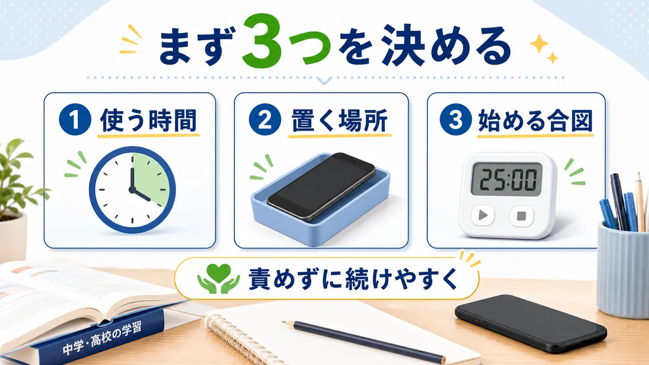 スマホ対策で使う時間、置く場所、勉強開始の合図を決める流れを示した図