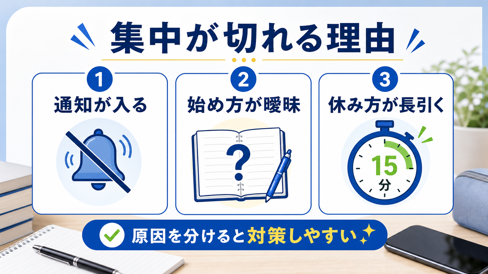 通知、始め方の曖昧さ、休憩の長引きが集中を切る理由になることを示した図