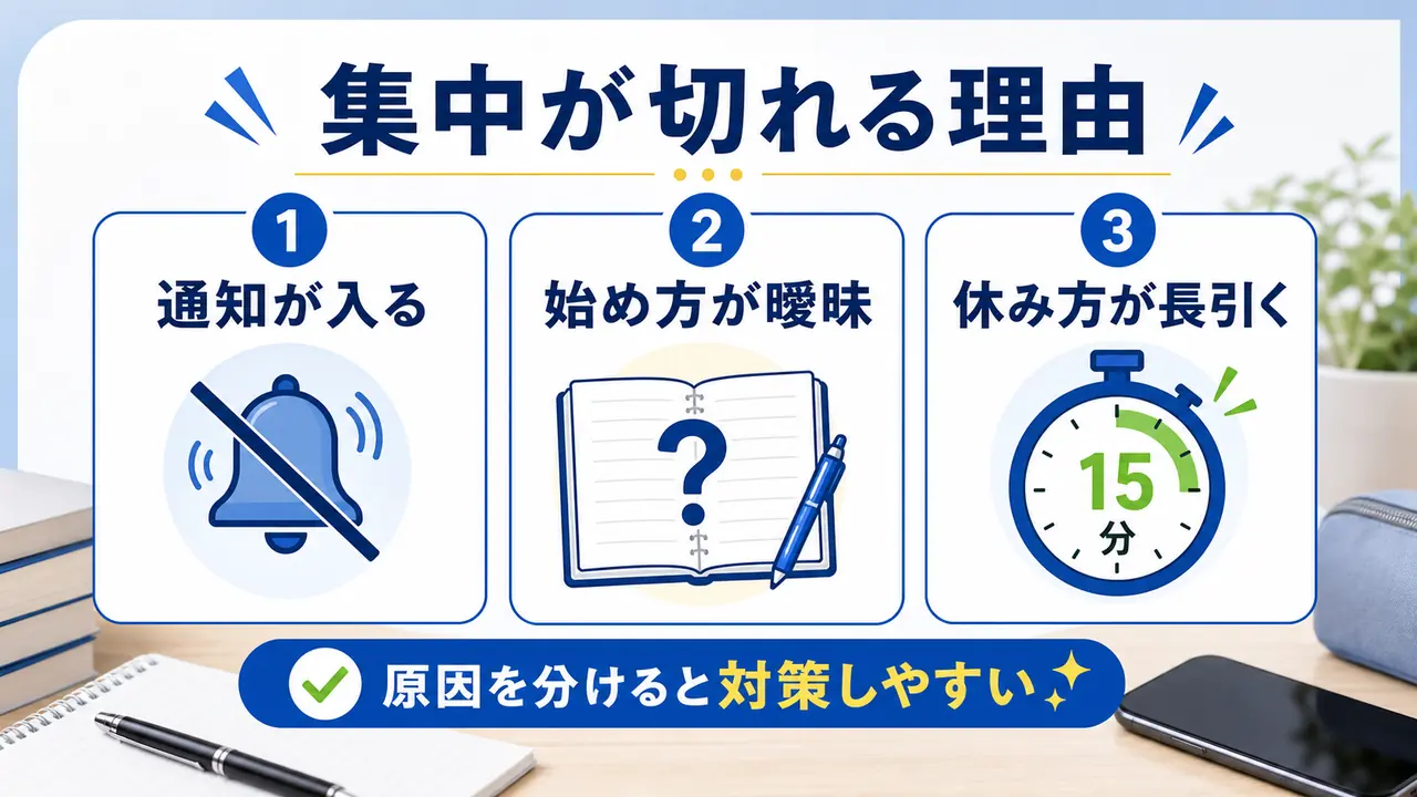 通知、始め方の曖昧さ、休憩の長引きが集中を切る理由になることを示した図