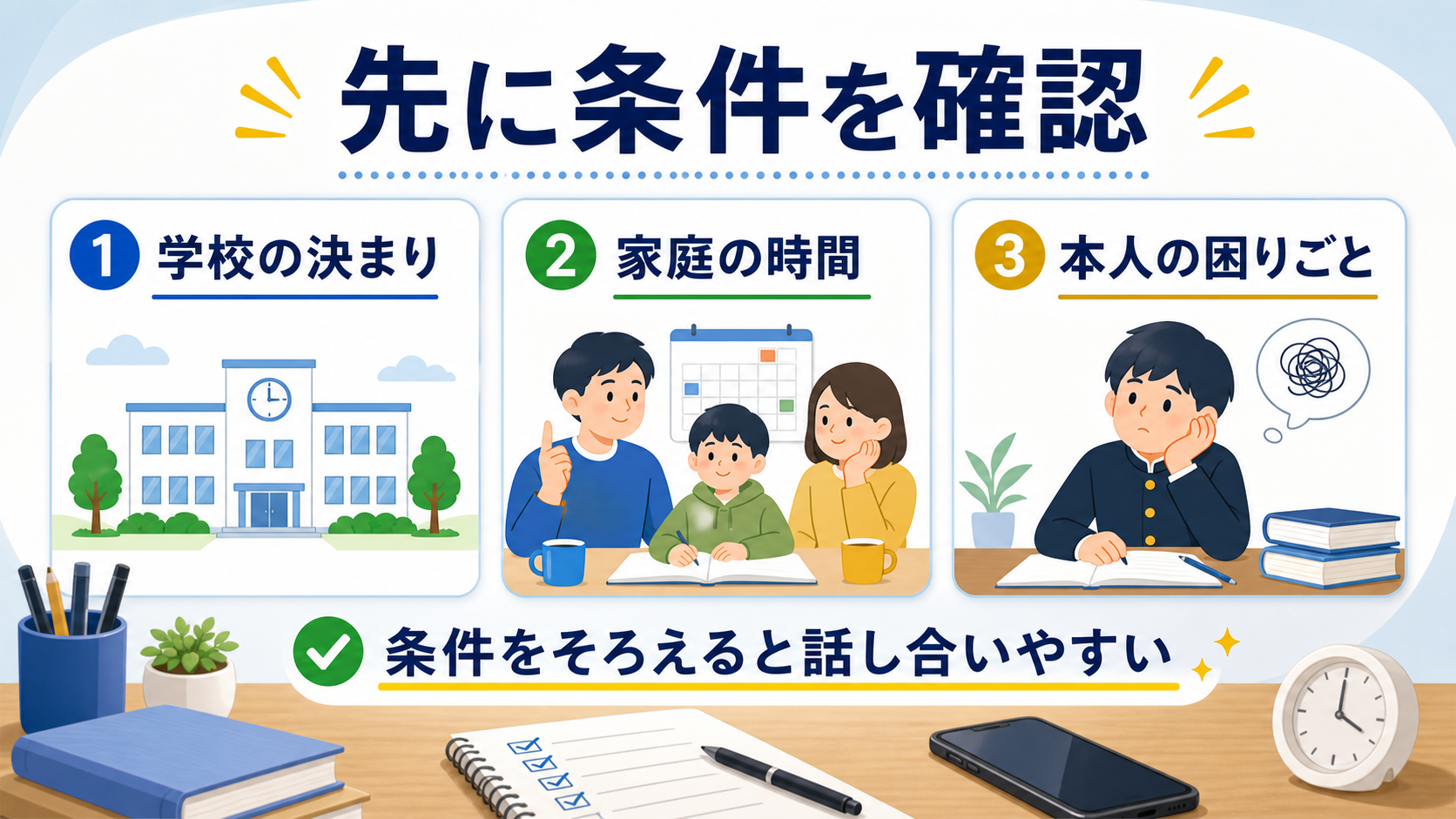 スマホルールを決める前に学校の決まり、家庭の時間、本人の困りごとを確認する図