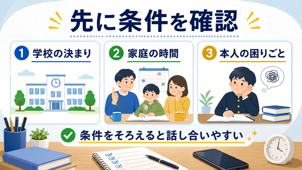 スマホルールを決める前に学校の決まり、家庭の時間、本人の困りごとを確認する図
