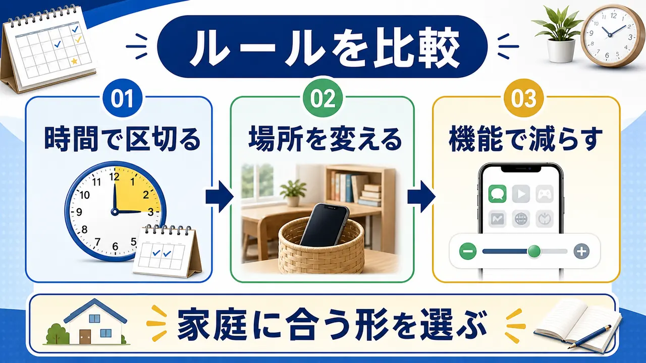 スマホルールを時間、場所、機能制限で比較する図
