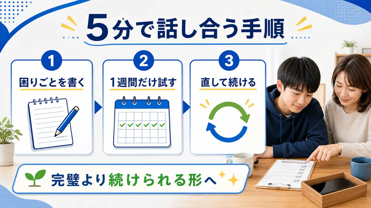 スマホルールを困りごとの書き出し、1週間の試行、見直しの順で作る図