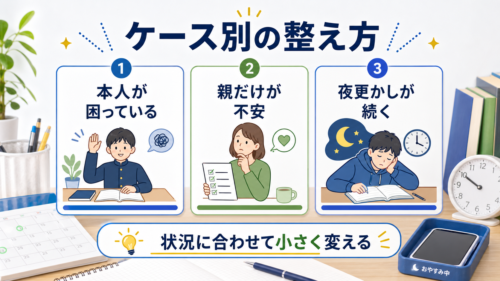 本人が困っている場合、親だけが不安な場合、夜更かしが続く場合でスマホルールを変える図