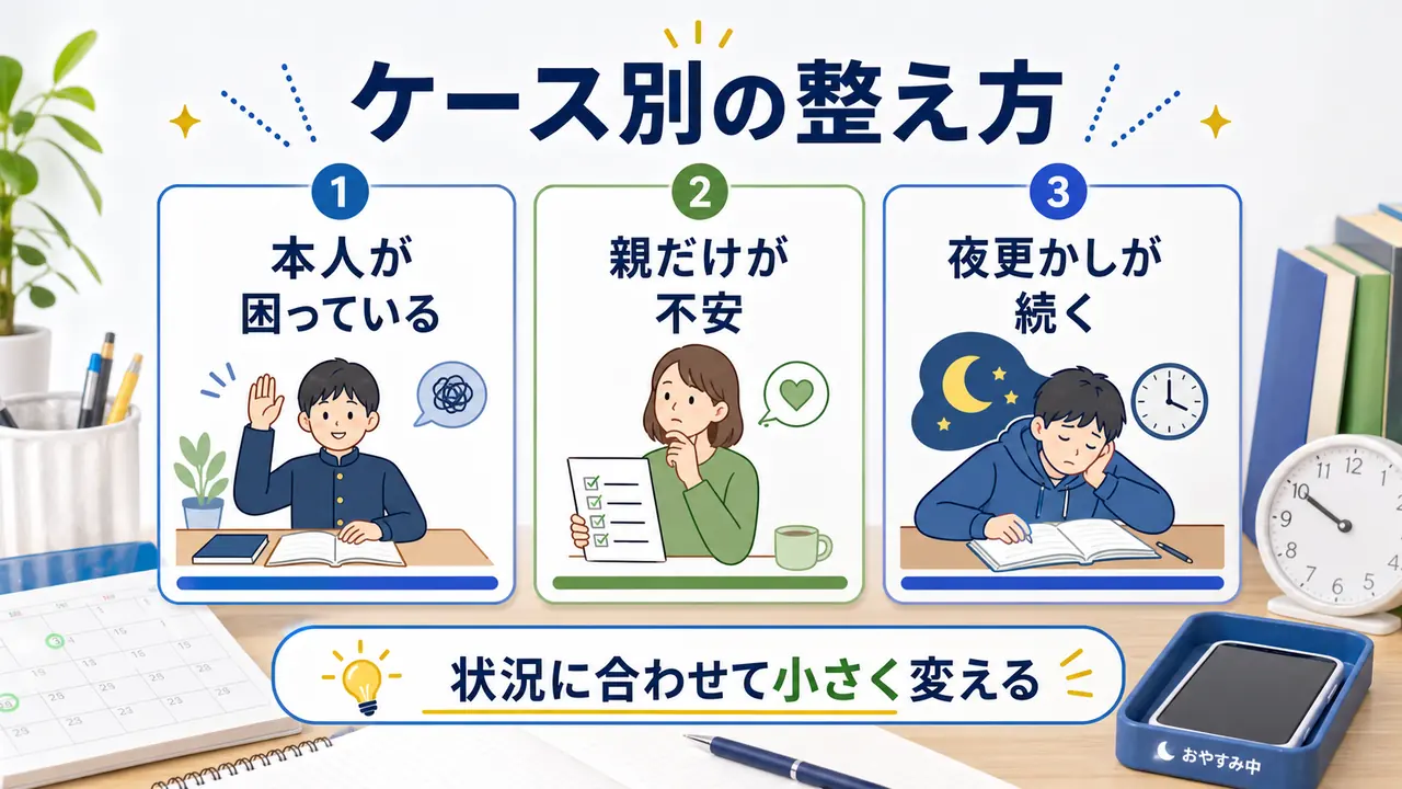 本人が困っている場合、親だけが不安な場合、夜更かしが続く場合でスマホルールを変える図