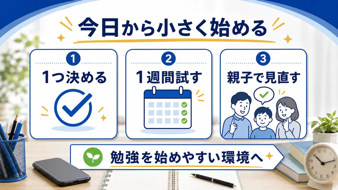 スマホ対策を1つ決め、1週間試し、親子で見直す流れを示した図