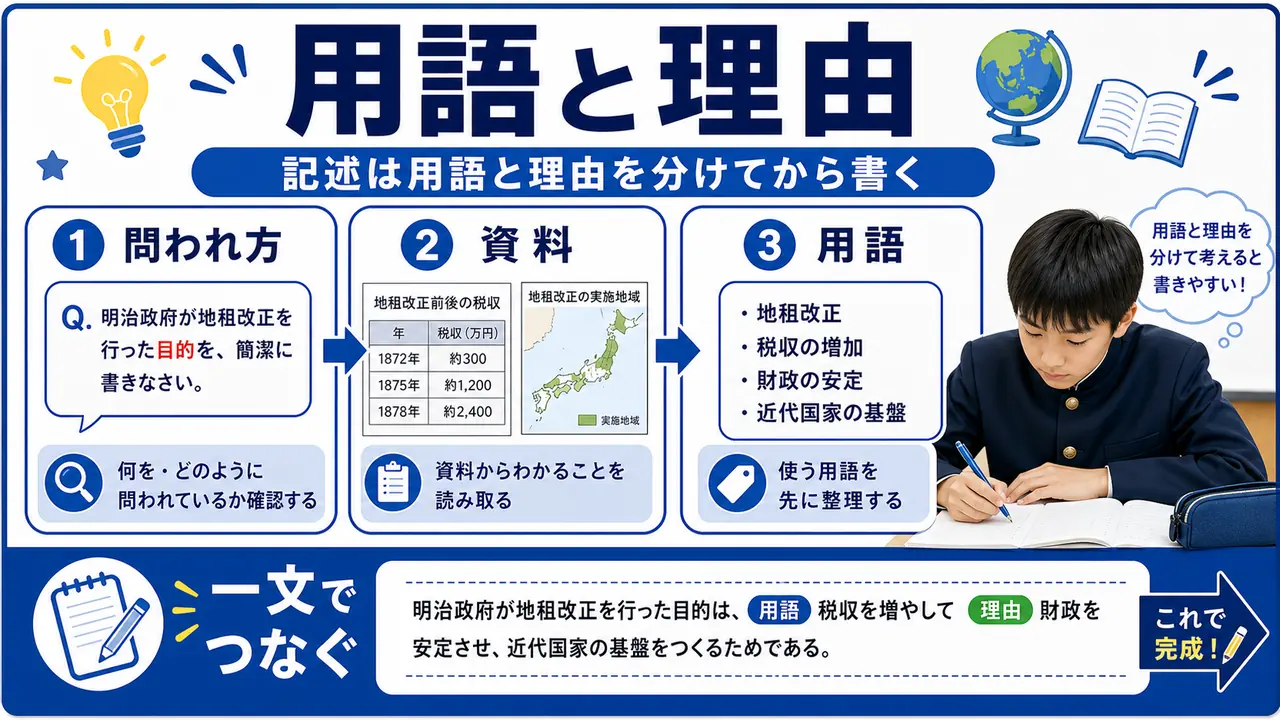 社会の記述問題で用語と理由を分ける図