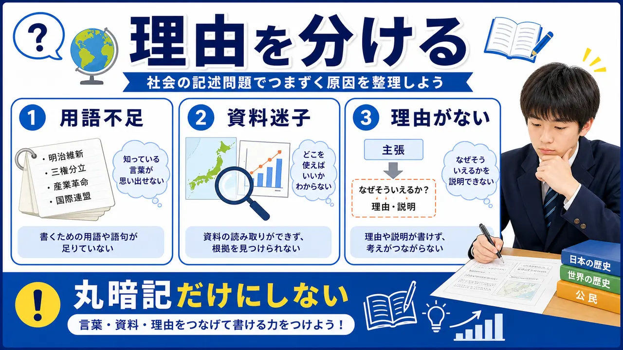 用語不足、資料読み取り、理由づけのつまずきを分ける図