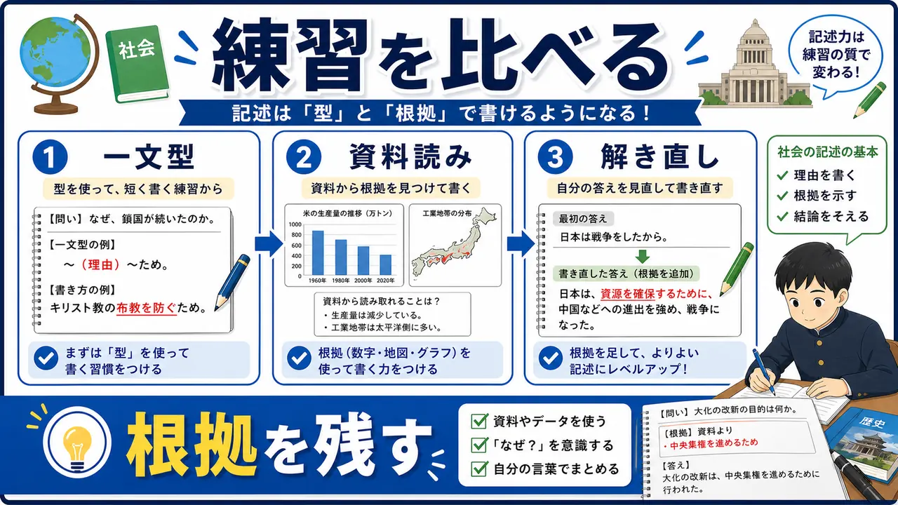 一文型、資料読み、用語カード、解き直しを比べる図