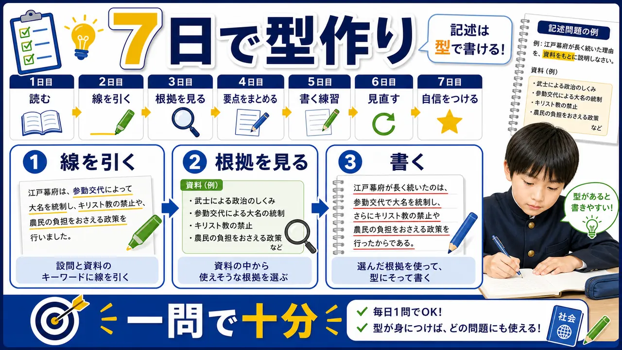 社会記述の型を7日間で作る手順図