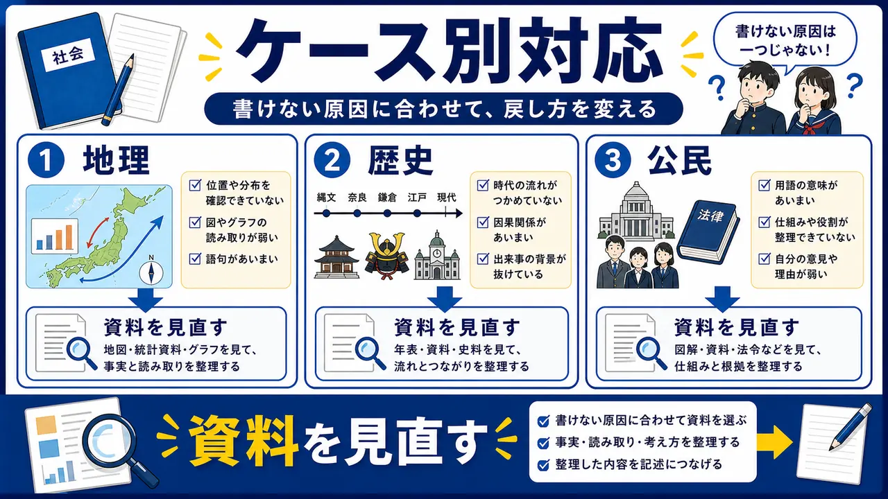 地理、歴史、公民、資料問題のケース図