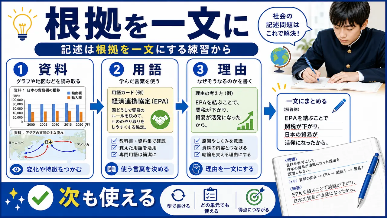 資料、用語、理由を一文にするまとめ図