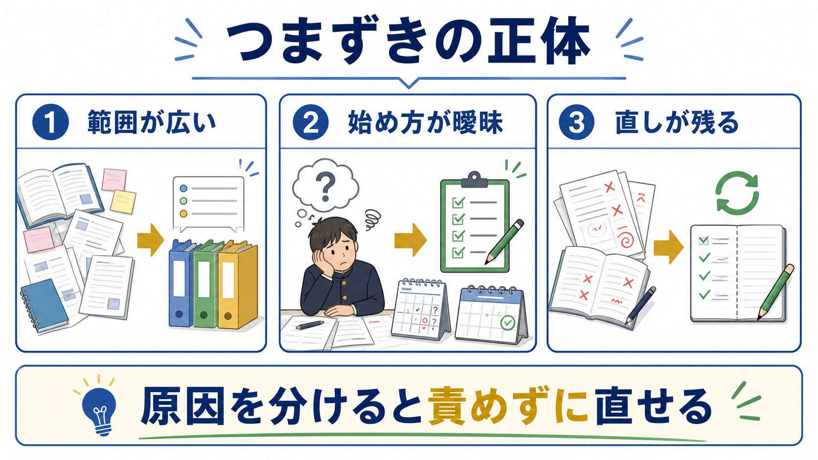 勉強のつまずきを範囲の広さ、始め方の曖昧さ、直し不足に分ける図