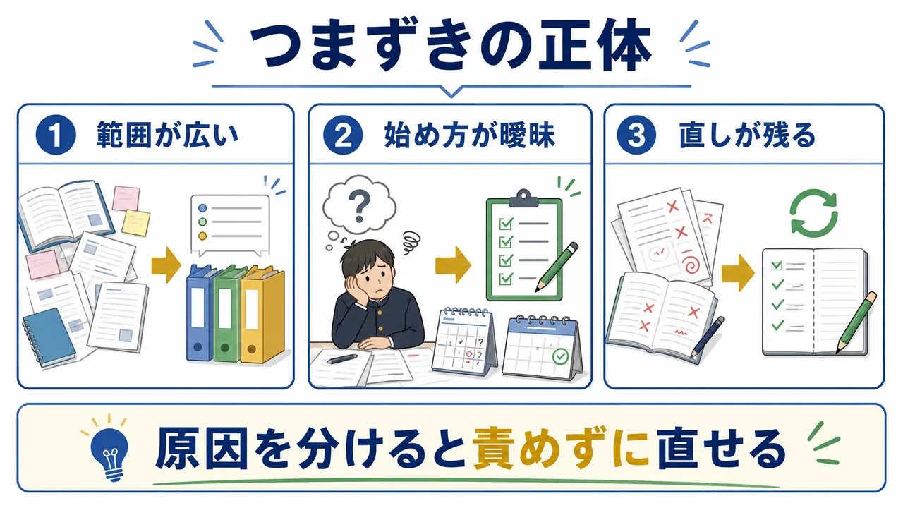 勉強のつまずきを範囲の広さ、始め方の曖昧さ、直し不足に分ける図