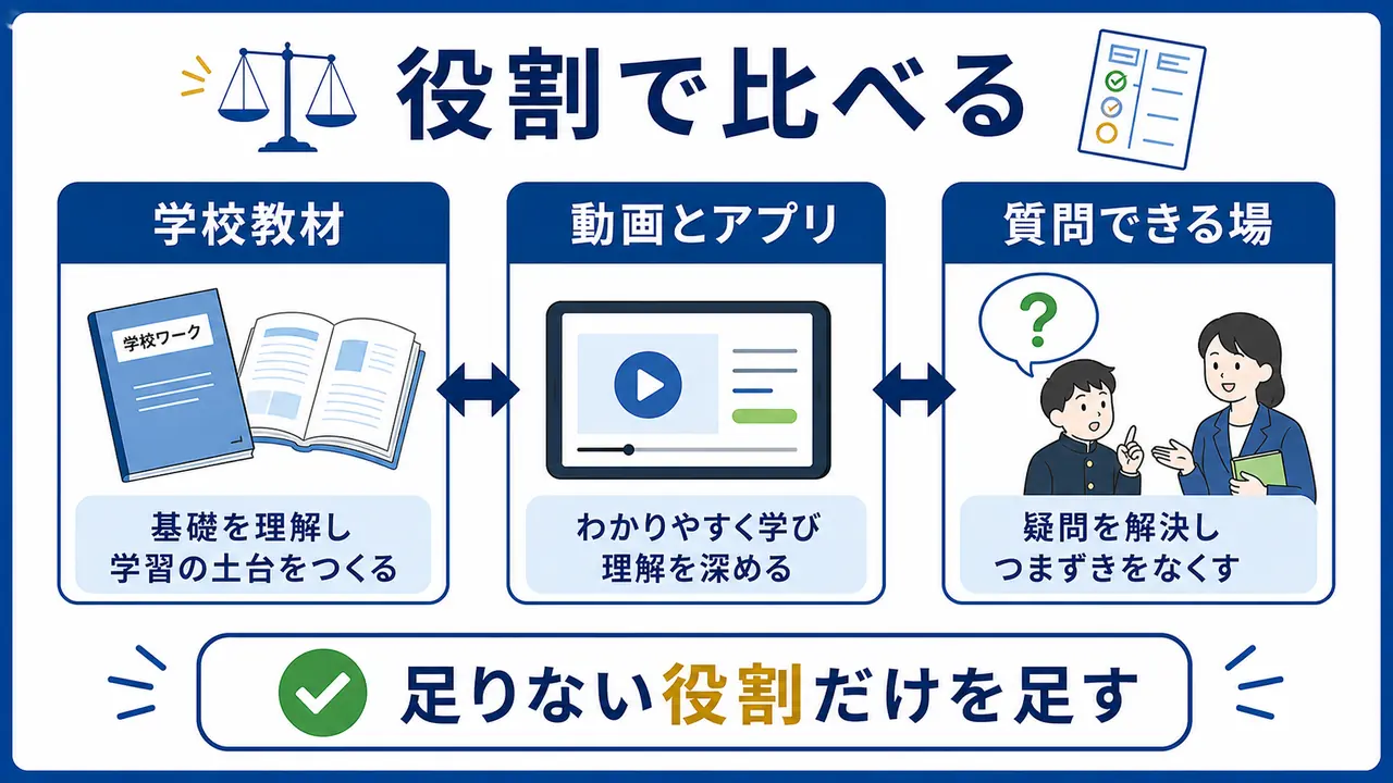学校教材、動画やアプリ、質問できる場を役割で比較する図