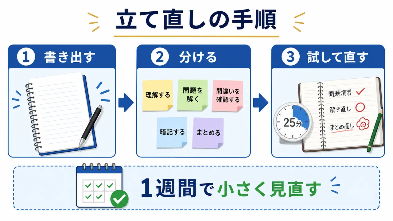 勉強法を範囲の書き出し、作業分け、1週間の見直しで立て直す図