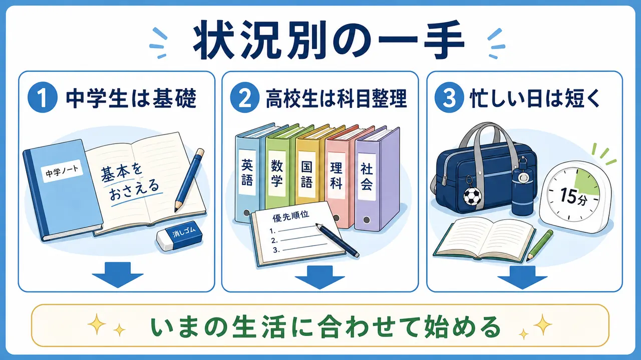 中学生、高校生、忙しい日の勉強法の始め方を分ける図
