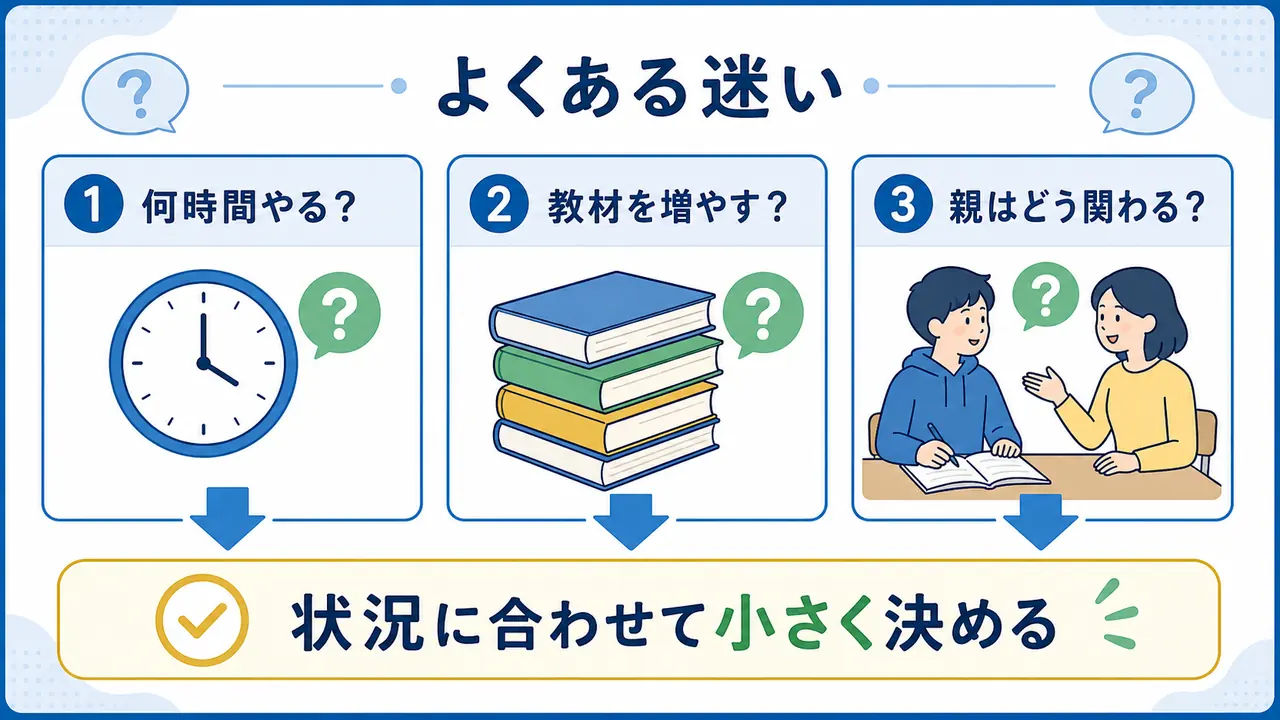 勉強法のよくある迷いを時間、教材、保護者の関わり方に分ける図