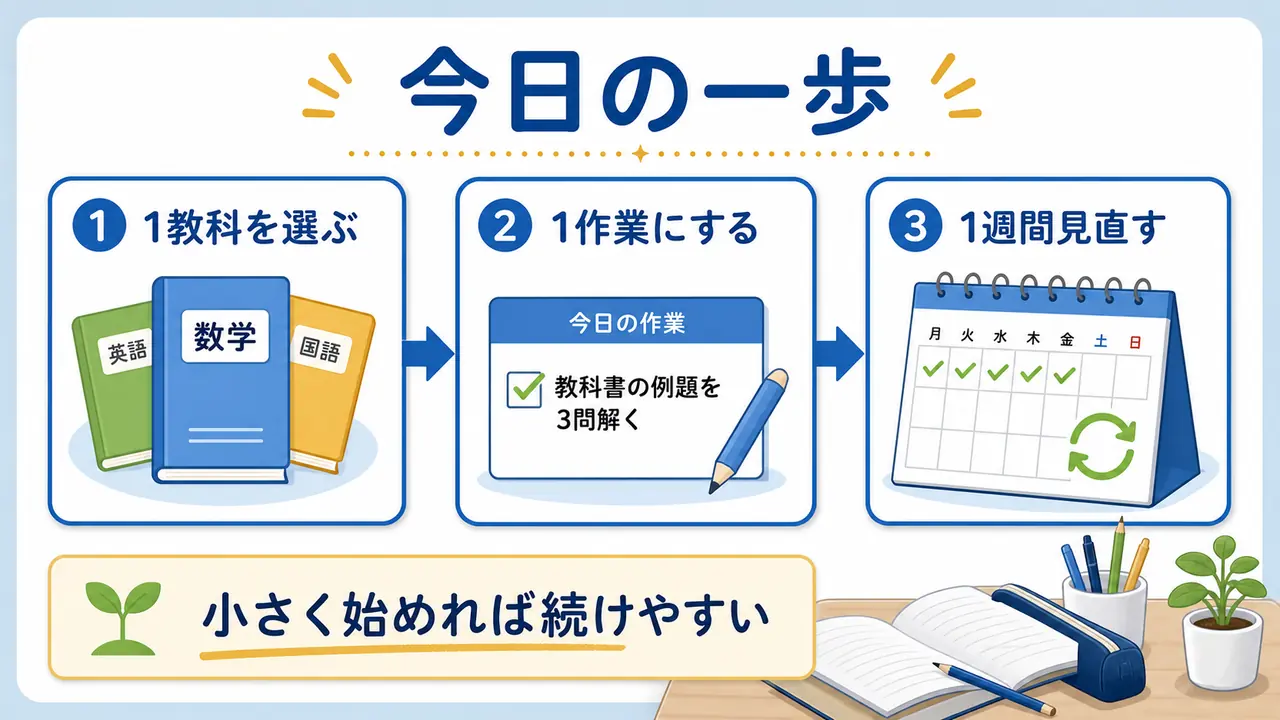 勉強法を1教科、1作業、1週間の見直しで立て直す図