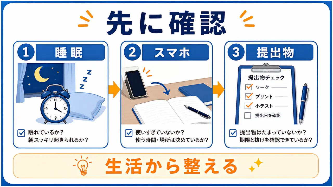 勉強のやる気が出ないときに睡眠、スマホ、提出物を先に確認する図