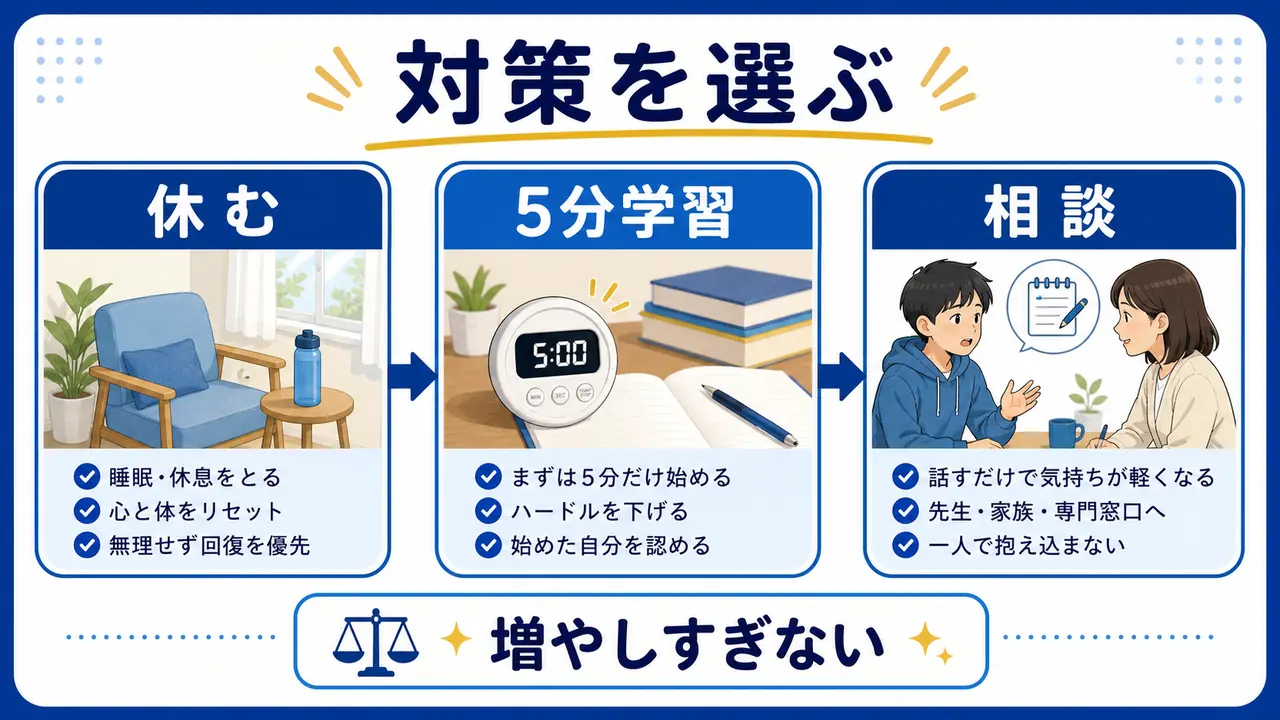 やる気が出ないときの対策を休む、5分学習、相談に分けて比べる図
