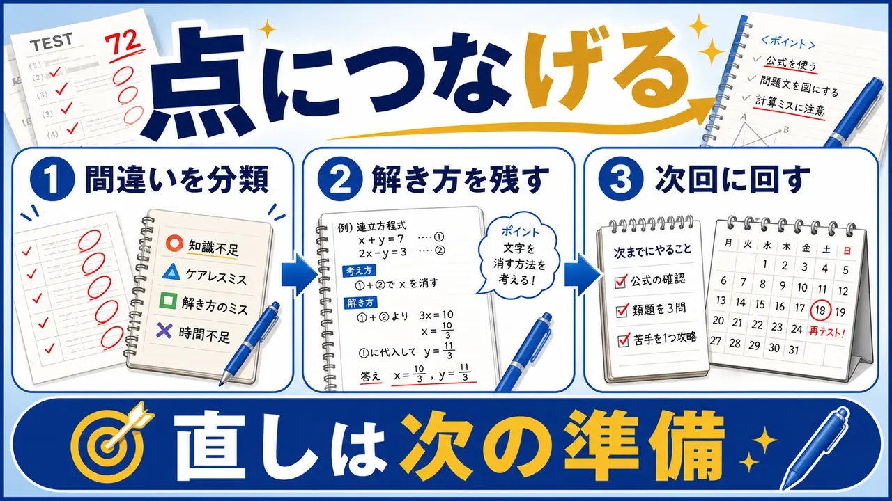 テスト直しを間違い分類、解き方記録、次回対策に分ける図