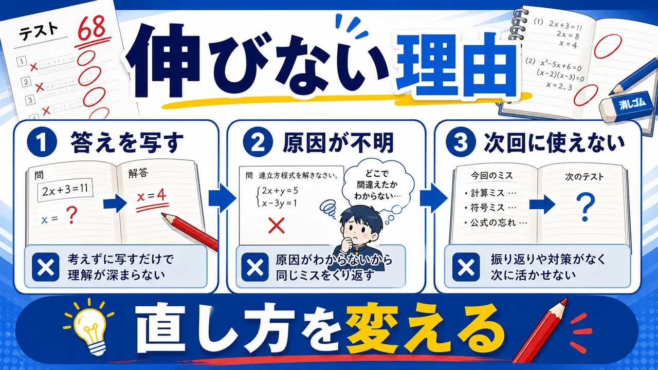 答えを写す、原因が不明、次回に使えないことが直しの失敗につながる図