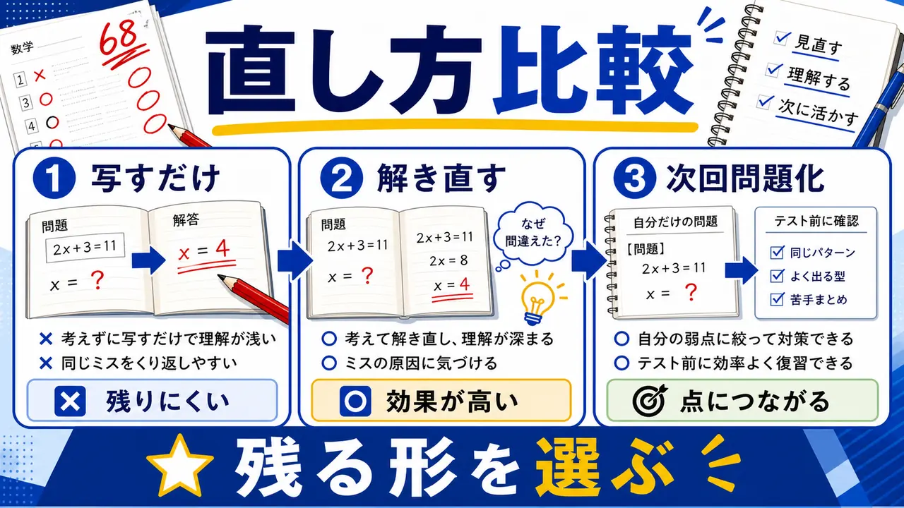 写すだけ、解き直す、次回問題化する直し方を比較する図