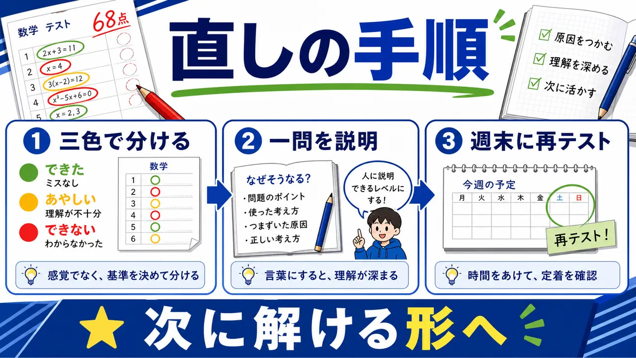 間違いを三色で分け、一問を説明し、週末に再テストする手順の図
