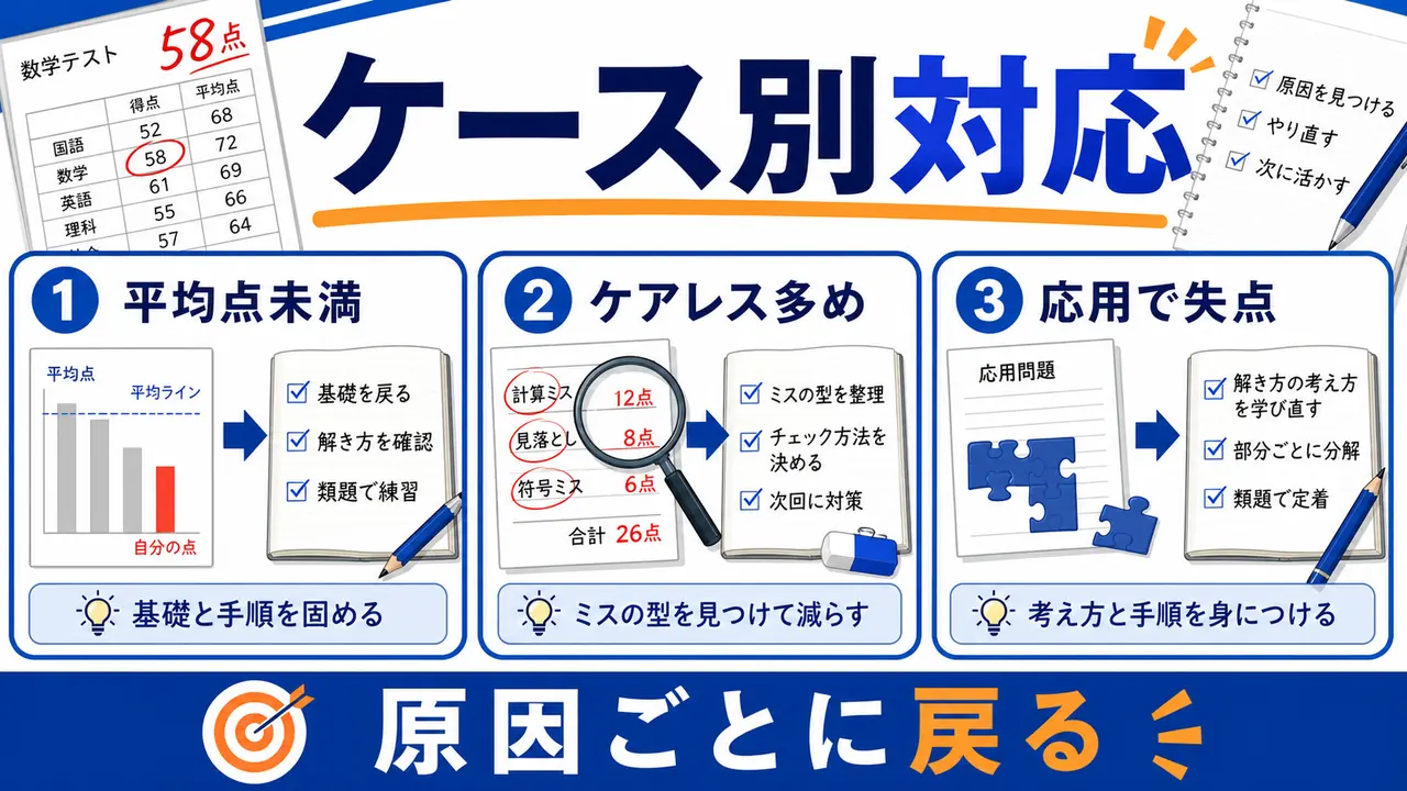平均点未満、ケアレスミス多め、応用で失点した場合の直し方を分ける図