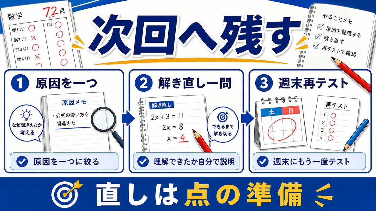 原因を一つ選び、解き直し一問と週末再テストへつなげる図