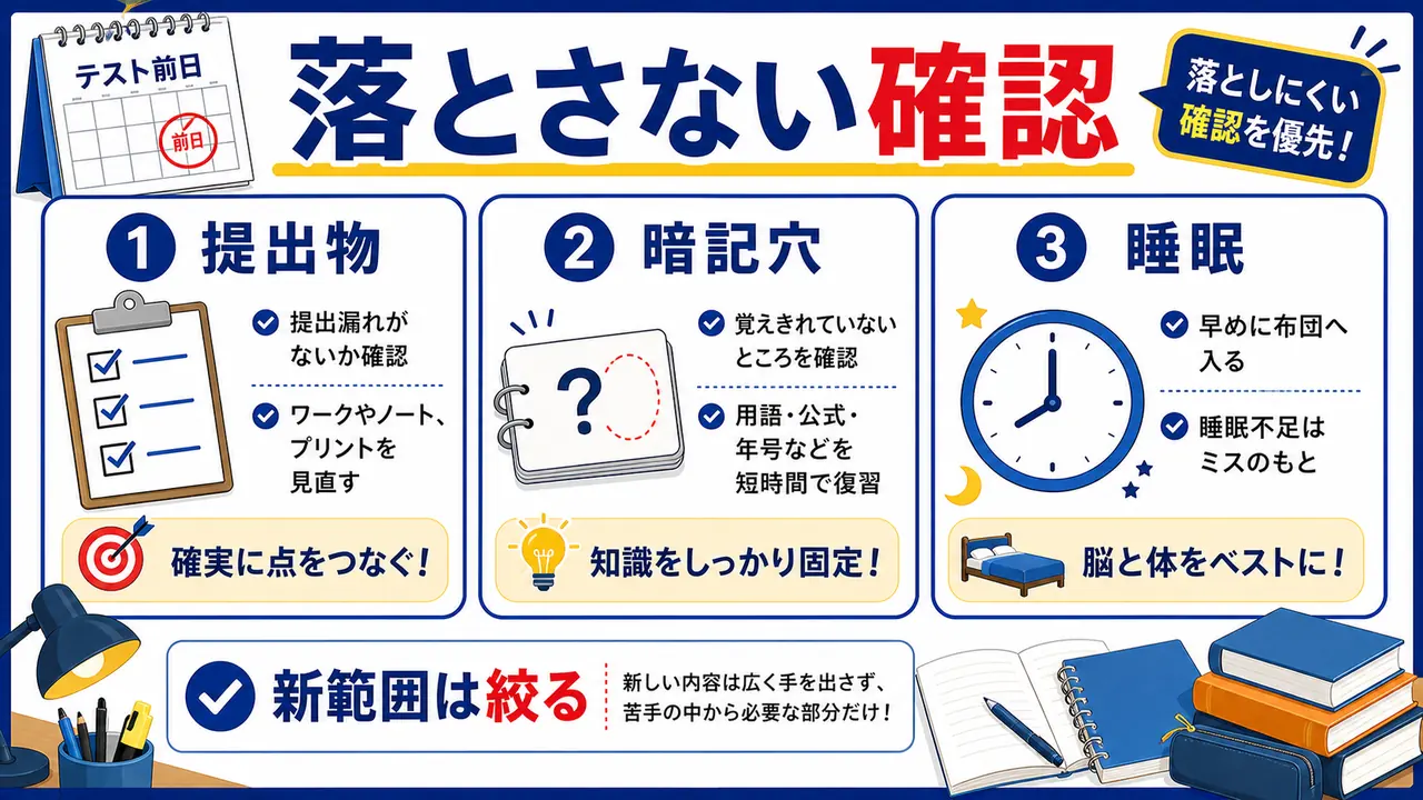 提出物、暗記穴、睡眠をテスト前日に確認する図