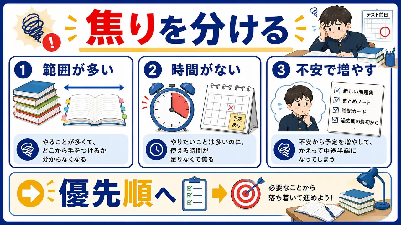 範囲の多さ、時間不足、不安でやることを増やす状態を分ける図