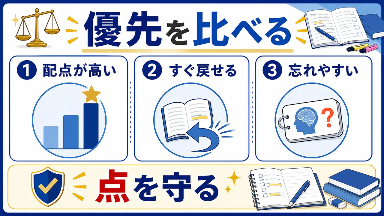 配点が高い、すぐ戻せる、忘れやすい範囲を比較する図