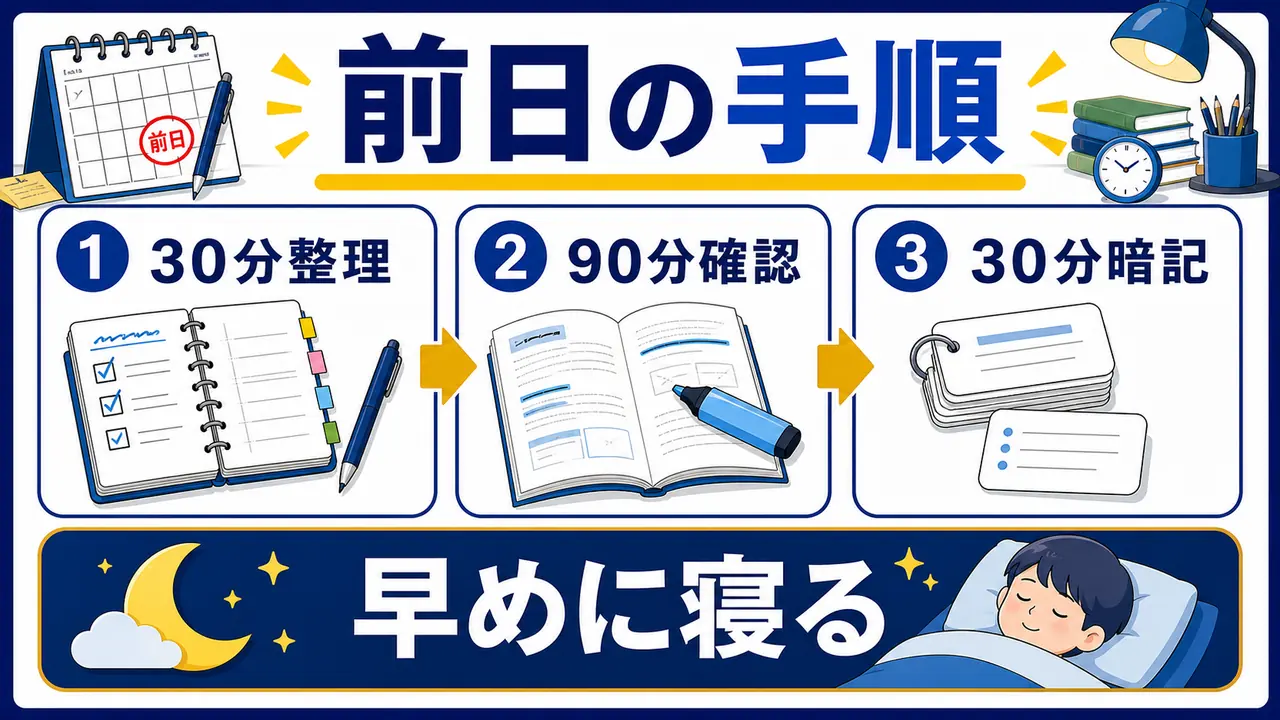 30分整理、90分確認、30分暗記、早めに寝る手順の図