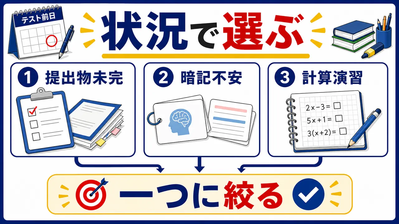 提出物未完、暗記不安、計算演習の状況別に選ぶ図