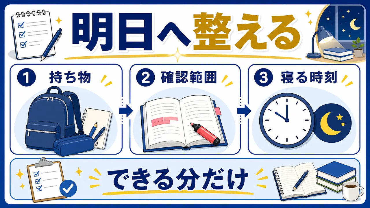 持ち物、確認範囲、寝る時刻を整える図