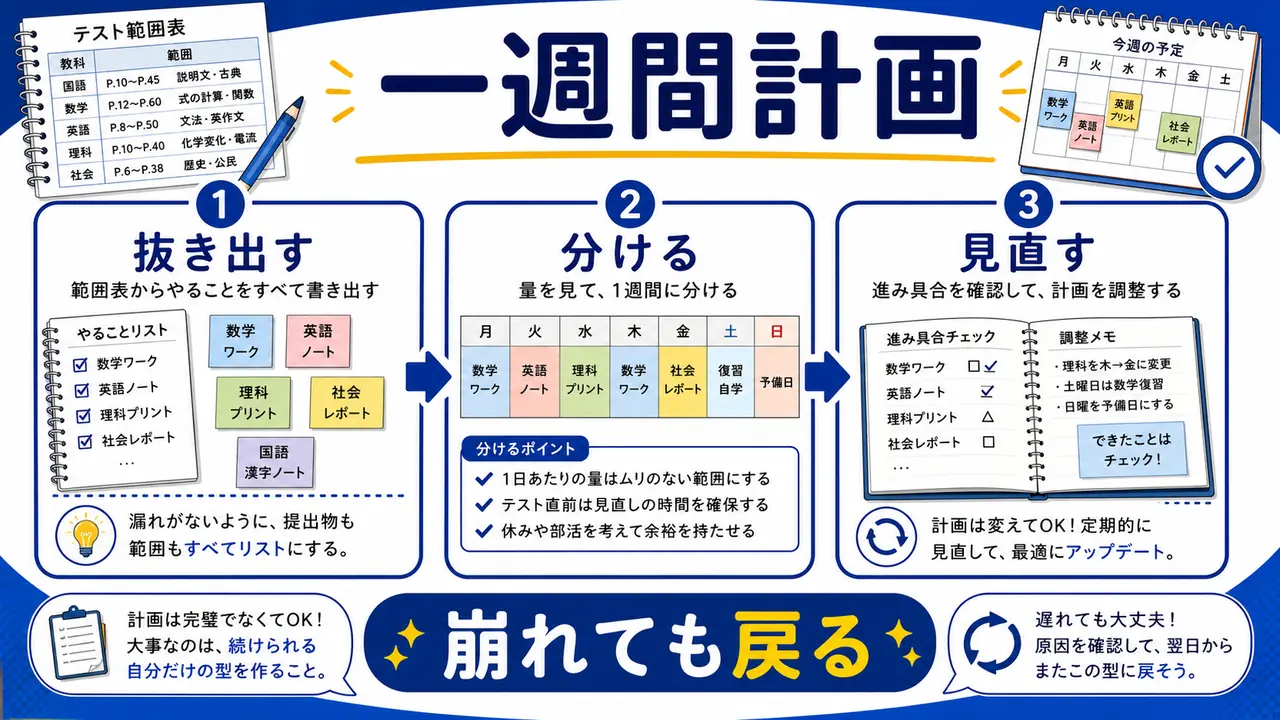 テスト範囲表から一週間の計画にする図
