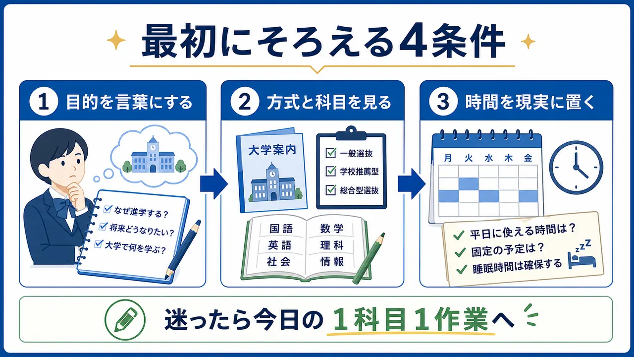 大学受験の最初に、目的、入試方式、必要科目、生活時間を確認する流れを示した図