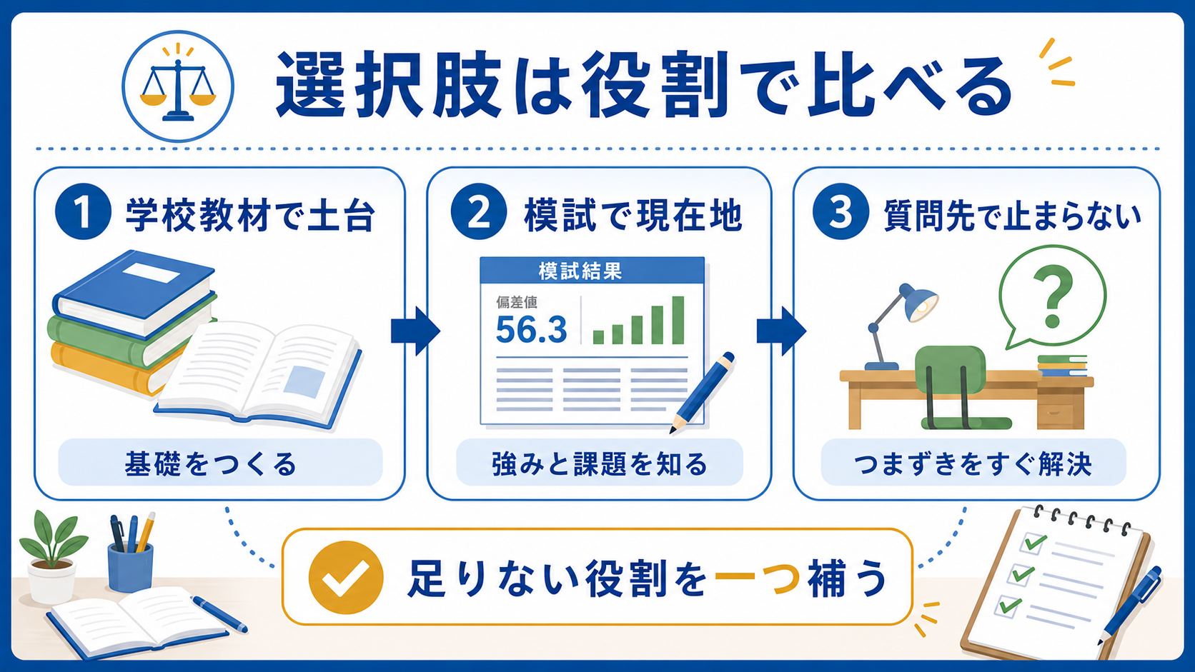 大学受験準備の選択肢を、学校教材、模試、質問先の役割で比べる図