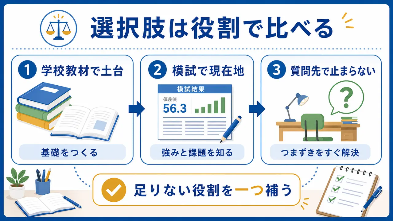 大学受験準備の選択肢を、学校教材、模試、質問先の役割で比べる図