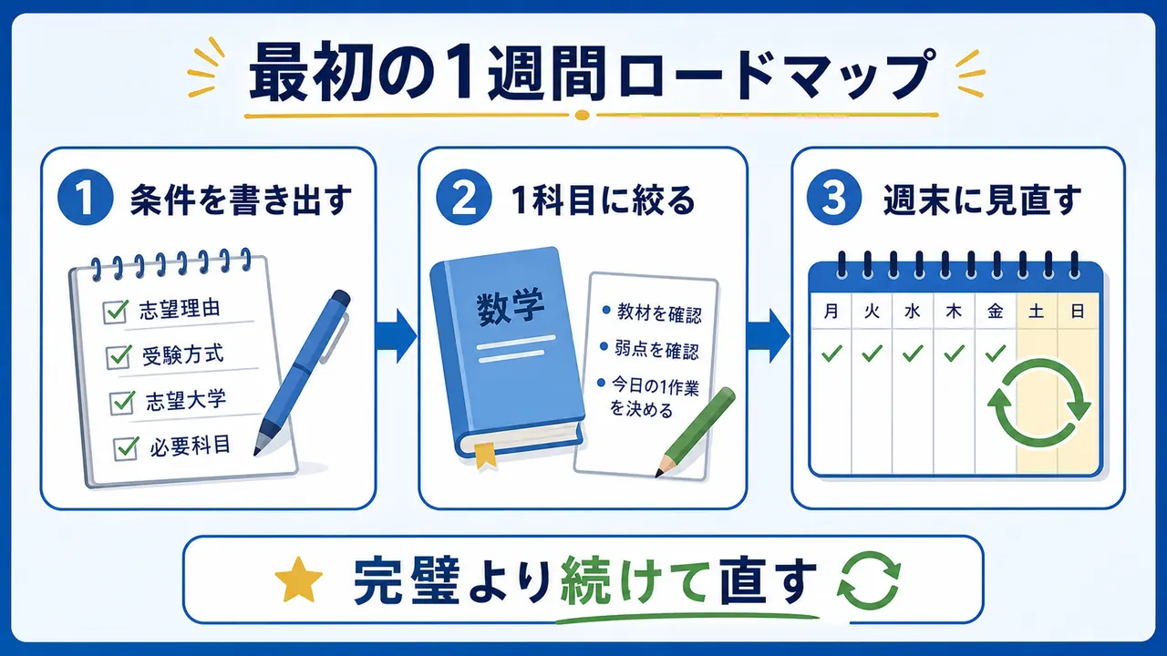 大学受験準備を、条件の書き出し、1科目への絞り込み、週末の見直しで始める図