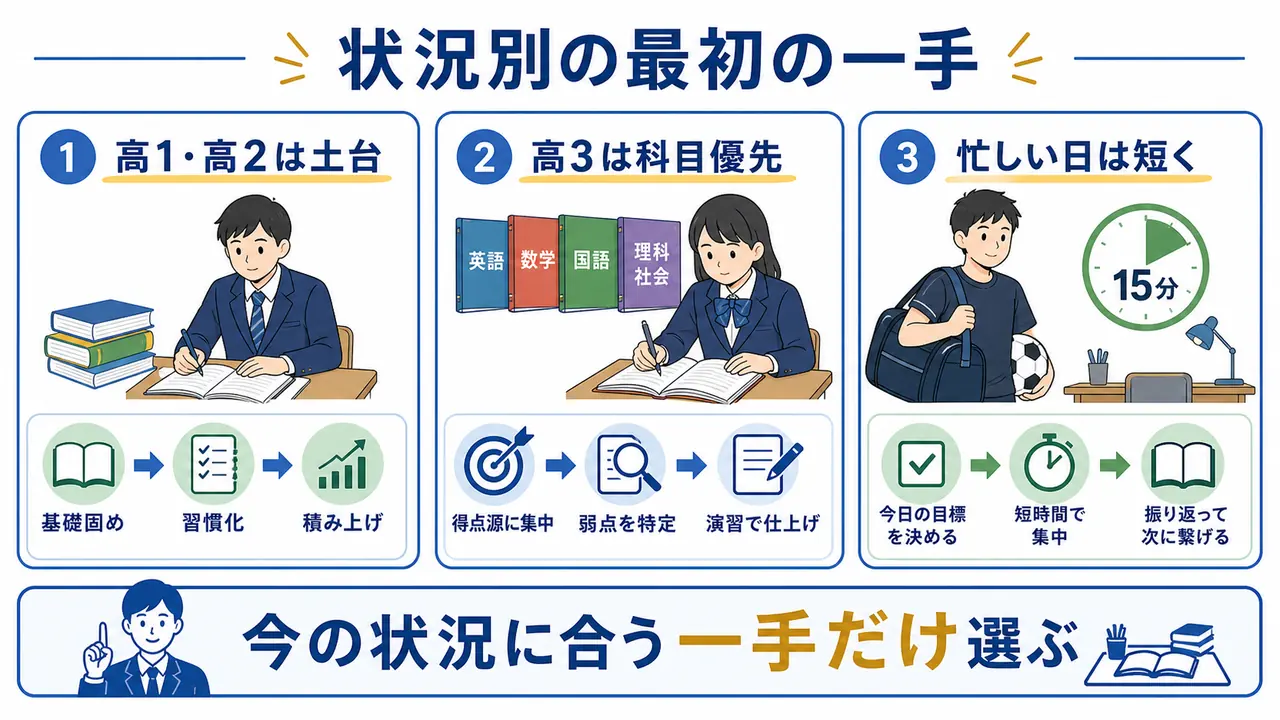 高1高2は土台、高3は科目優先、忙しい日は短い作業にするなど、状況別の最初の一手を示した図