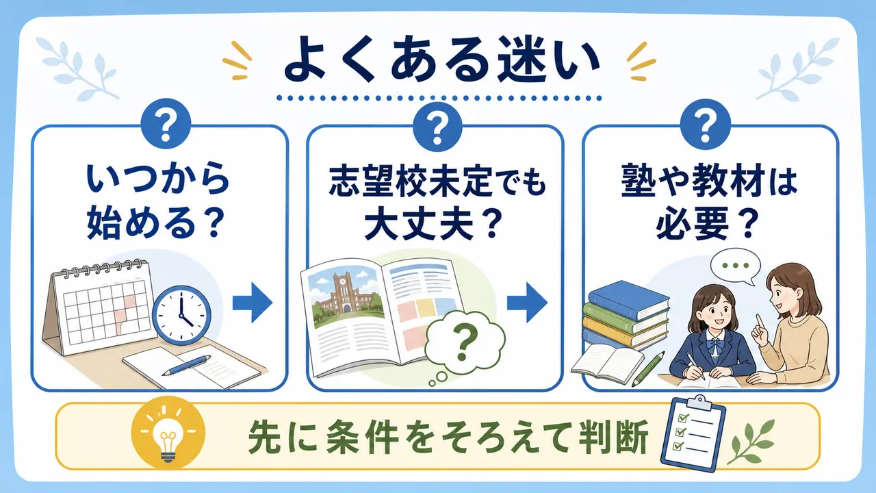 大学受験準備でよくある、いつから始めるか、志望校未定、塾や教材の必要性の迷いを整理した図