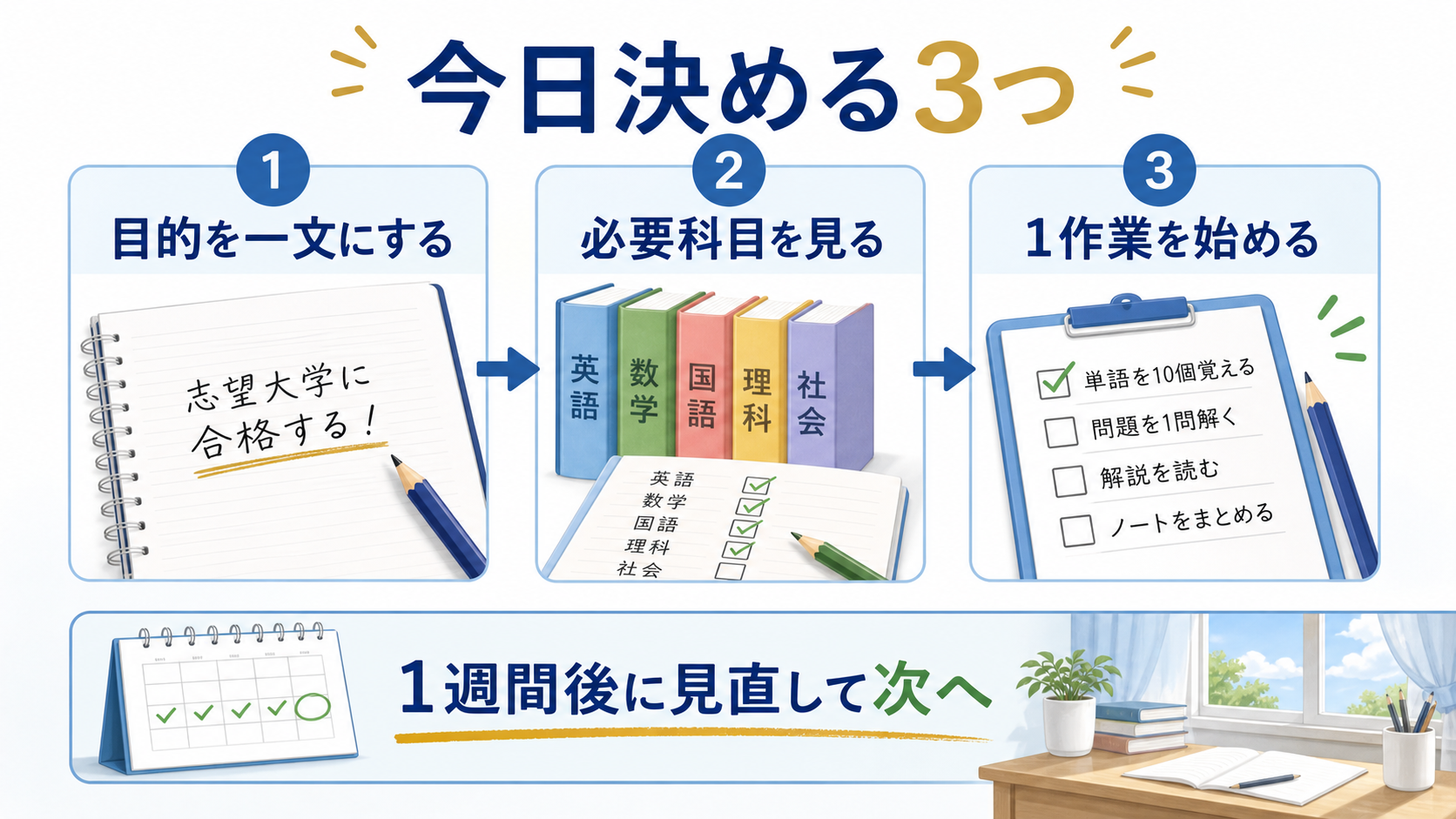 大学受験準備で今日決めることとして、目的、必要科目、1作業を整理する図