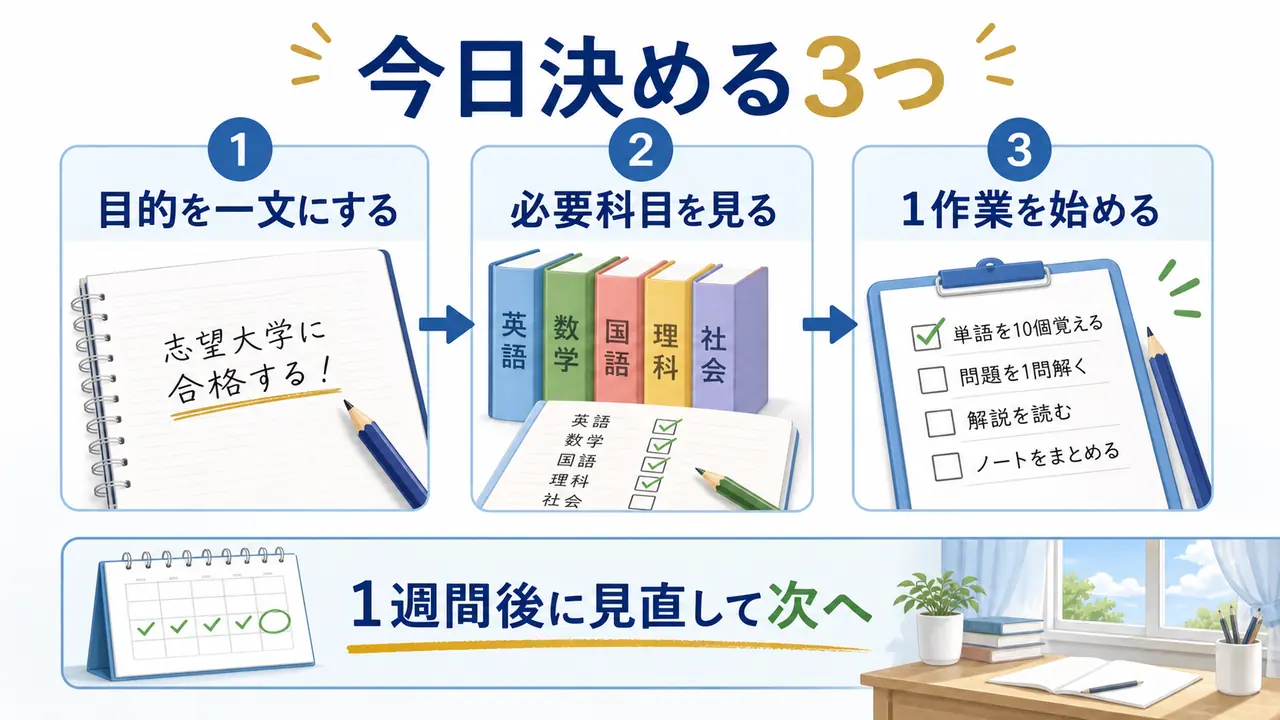 大学受験準備で今日決めることとして、目的、必要科目、1作業を整理する図