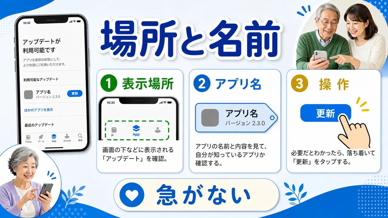 スマホの更新表示を場所とアプリ名で確認する図